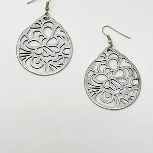 Silver Tone Laser Cut Tear Drop Earrings Hoop Closure Dangle